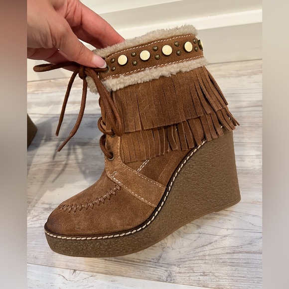 Sam Edelman Kemper Brown Suede Fringe Wedge Platform Ankle Boots - Picture 7 of 9